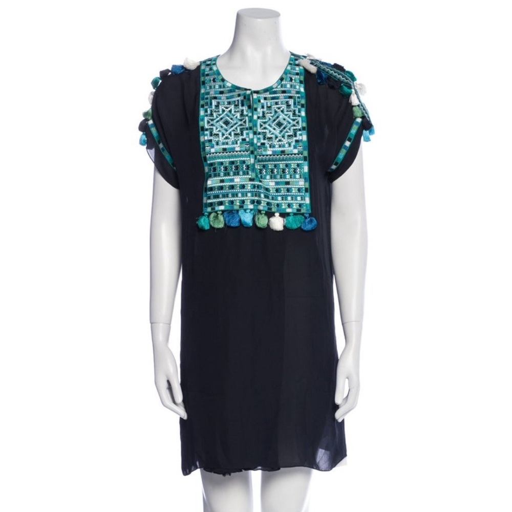 FIGUE Embroidered Shift Dress in Blue and Teal